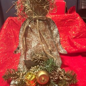 Rustic wood angel , moss hair - greenery and gold accents- crackle paint